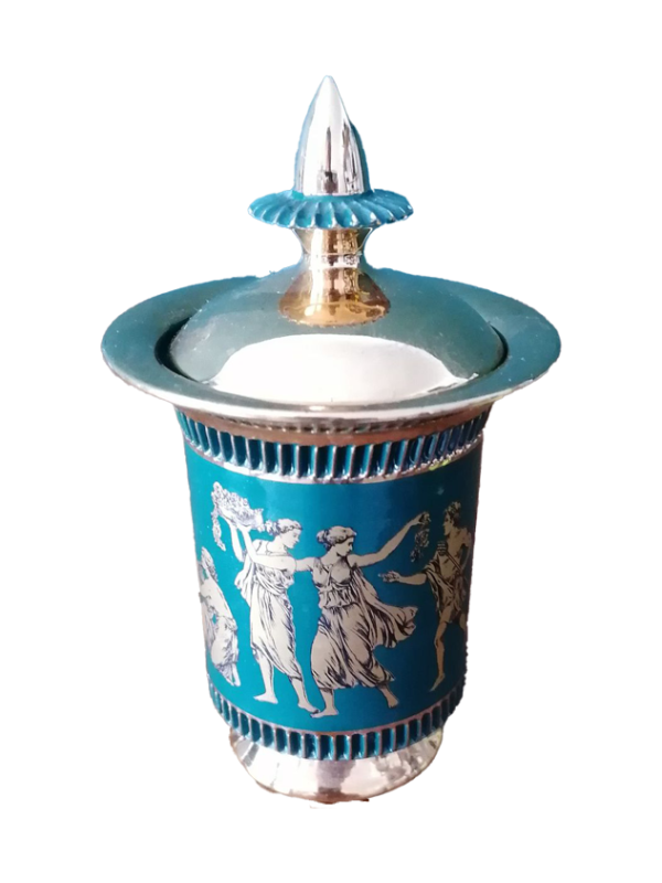 Vintage kézzel készített urna fedéllel, dekoráció, yupie
