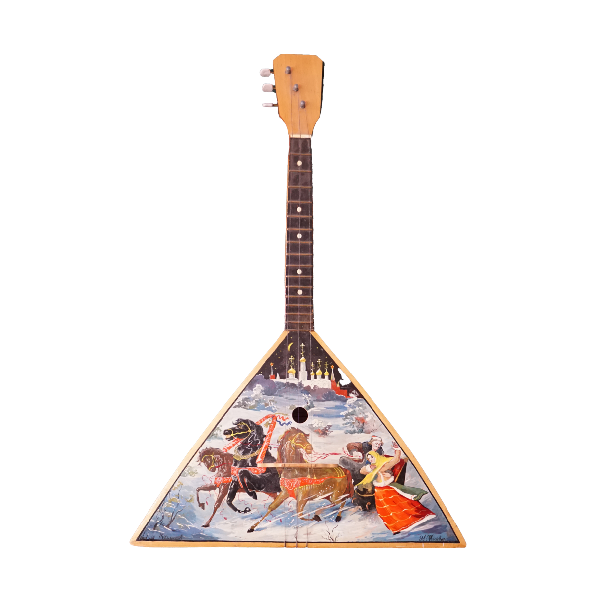 Vintage orosz balalajka téli tájképpel díszítve, eszközök, zenei eszközök, yupie