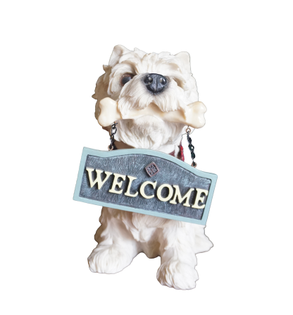 Fehér kutya figura WELCOME felirattal, dekoráció, yupie