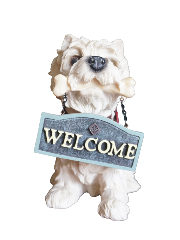 Fehér kutya figura WELCOME felirattal, dekoráció, yupie