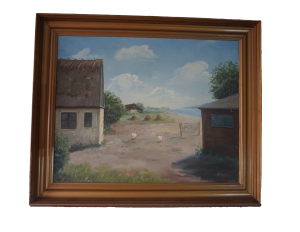 Vízparti tanyaudvar aláírt eredeti tájkép festmény klasszikus vintage stílusban