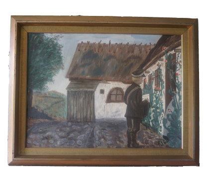 Postás az ajtóban életkép (aláírva, festő ismeretlen, eredeti cím ismeretlen), dekoráció, képek, yupie