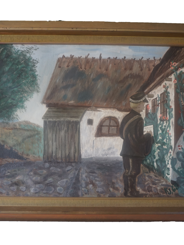 Postás az ajtóban életkép (aláírva, festő ismeretlen, eredeti cím ismeretlen), dekoráció, képek, yupie