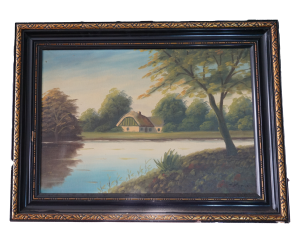Ház a folyó túloldalán aláírt eredeti tájkép festmény vintage stílusban