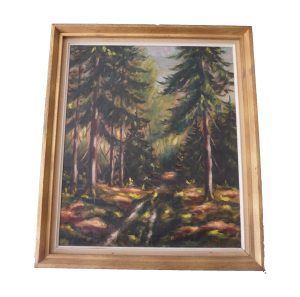 Fenyves erdő tájkép festmény keretben – klasszikus falikép, természetes dekoráció