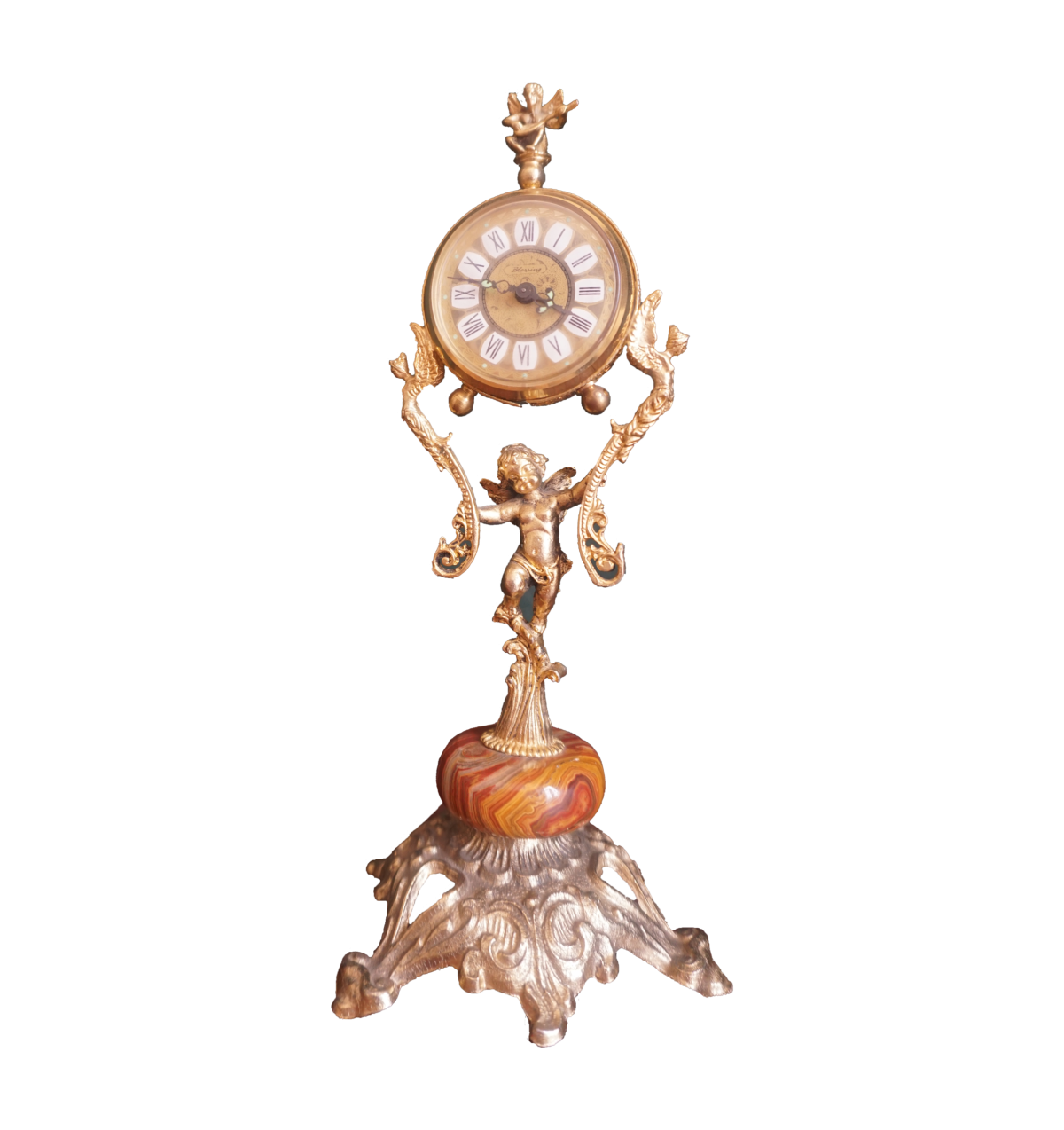 Blessing barokk stílusú fém óra, aranyozott angyalka szobor talapzaton, dekoráció, óra, yupie