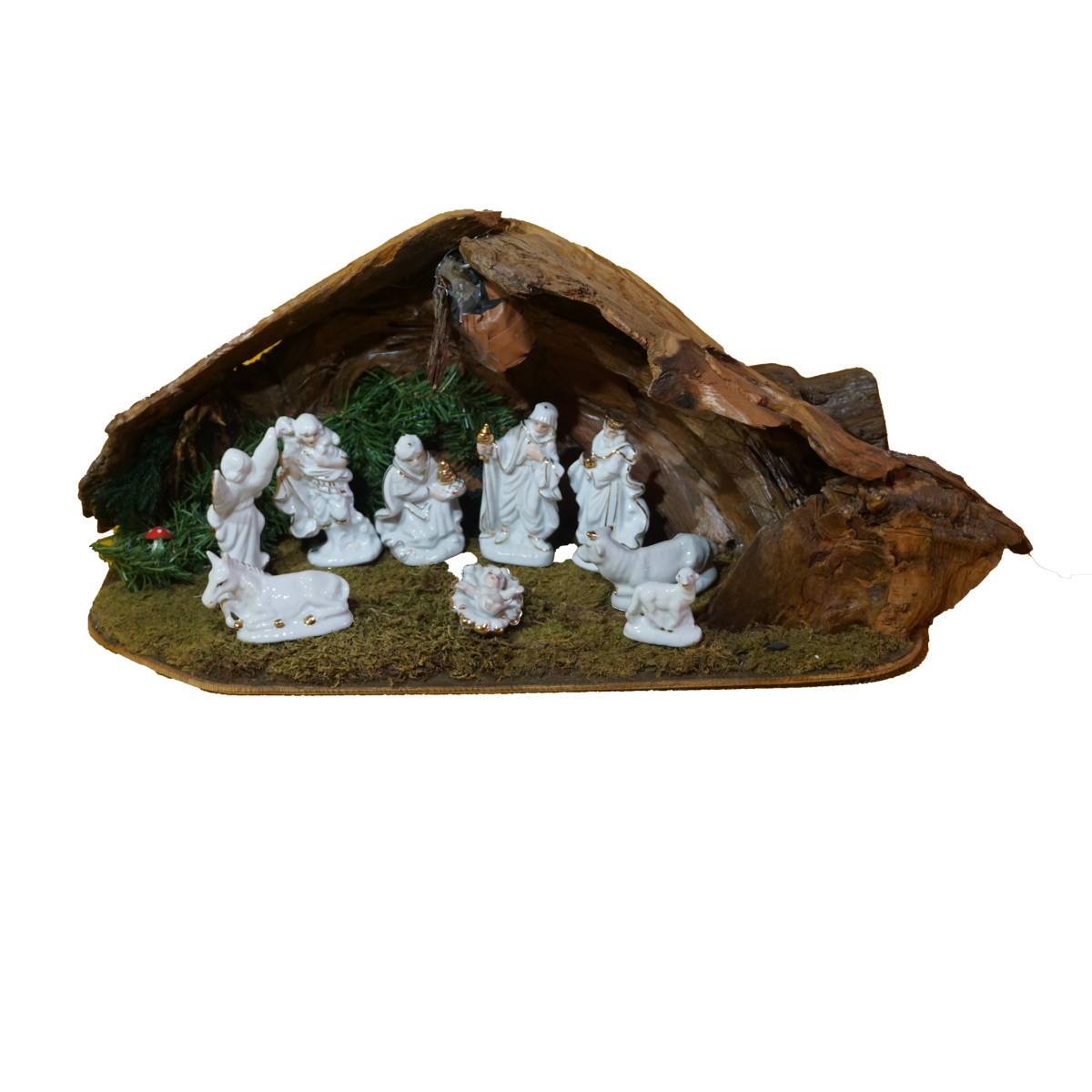 Fából készült betlehemi jelenet porcelán figurákkal, dekoráció, yupie