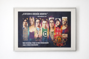 Bitcoin falikép fém keretben 71x51 cm, humoros kripto tematikájú poszter üvegezett kivitelben