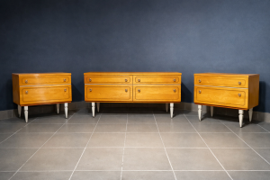 Sárga mid-century komód szett 3 részes vintage bútor, kúpos lábakkal