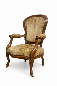 Louis XV stílusú francia antik karosszék tömörfa vázzal és mintás kárpitozással