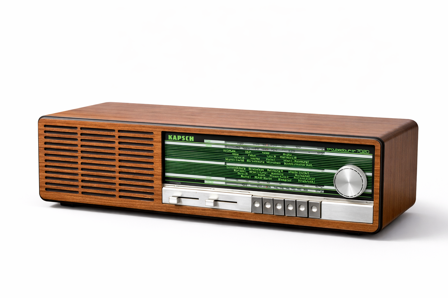 Kapsch Troubadour TR 7020 vintage rádió fa burkolattal fehér háttéren