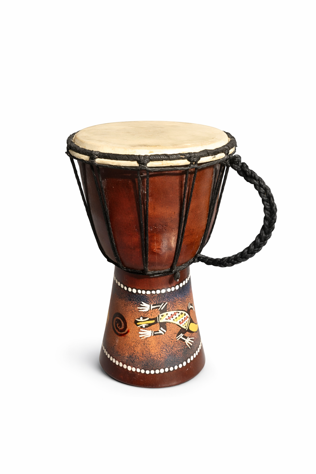 Mini djembe dob oldalnézetben, 25 cm magas afrikai kézi dob fa testtel