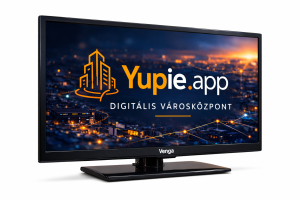 Venga 32 colos DLED televízió VG32DTV3 fehér háttéren – Yupie.app digitális városközpont bannerrel