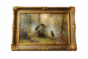 klasszikus falikép arany keretben erdei medvés jelenettel Ivan Shishkin stílusában