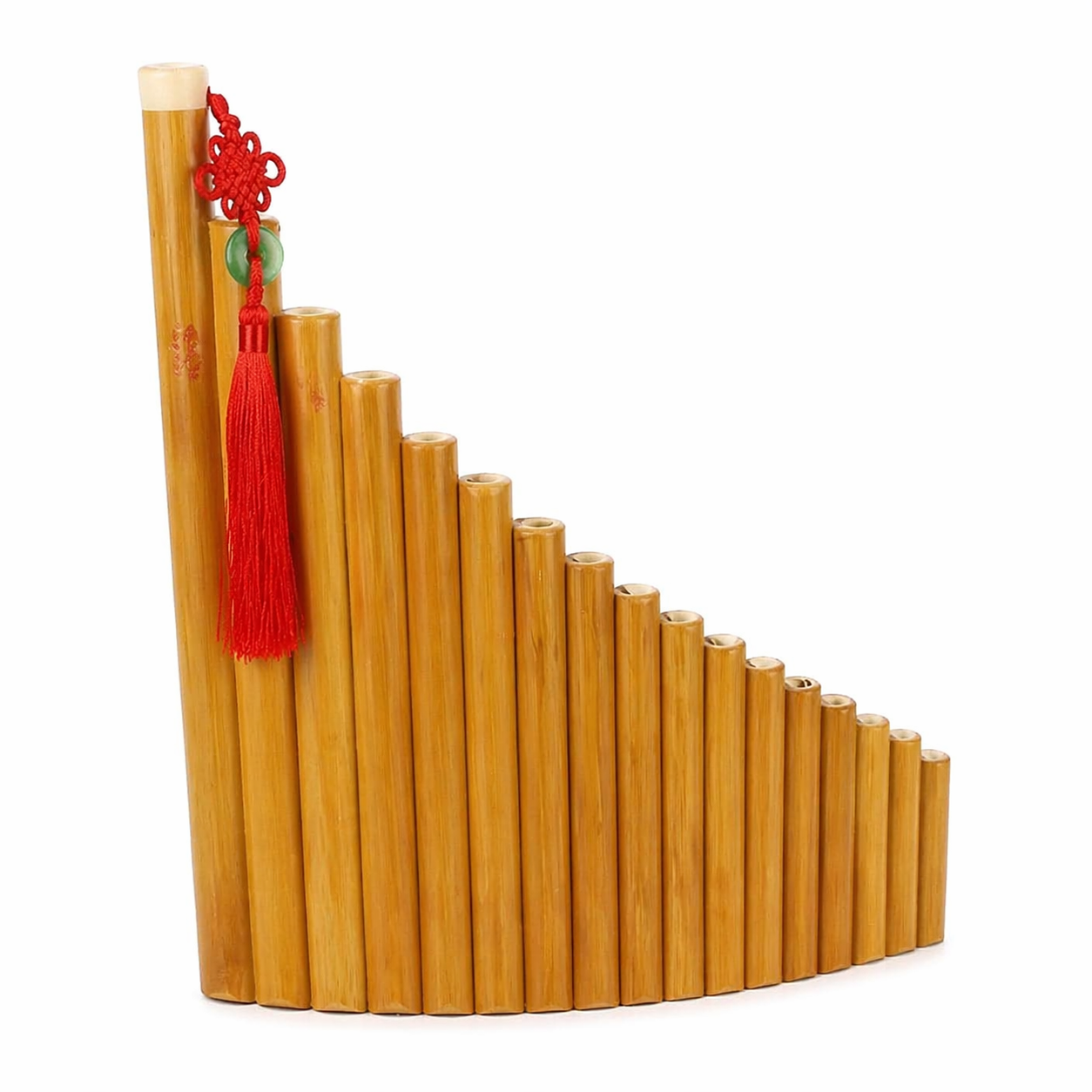 Bambusz pánsíp 15 síppal – kézműves pan flute Bambusz pánsíp 15 síppal természetes kivitelben piros díszbojt-tal