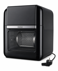 Modern és praktikus QUIGG XXL air fryer / forrólevegős sütő forgódobos rendszerrel. Egészségesebb sütés minimális olajhasználattal, 1500W teljesítménnyel és elegáns fekete dizájnnal.