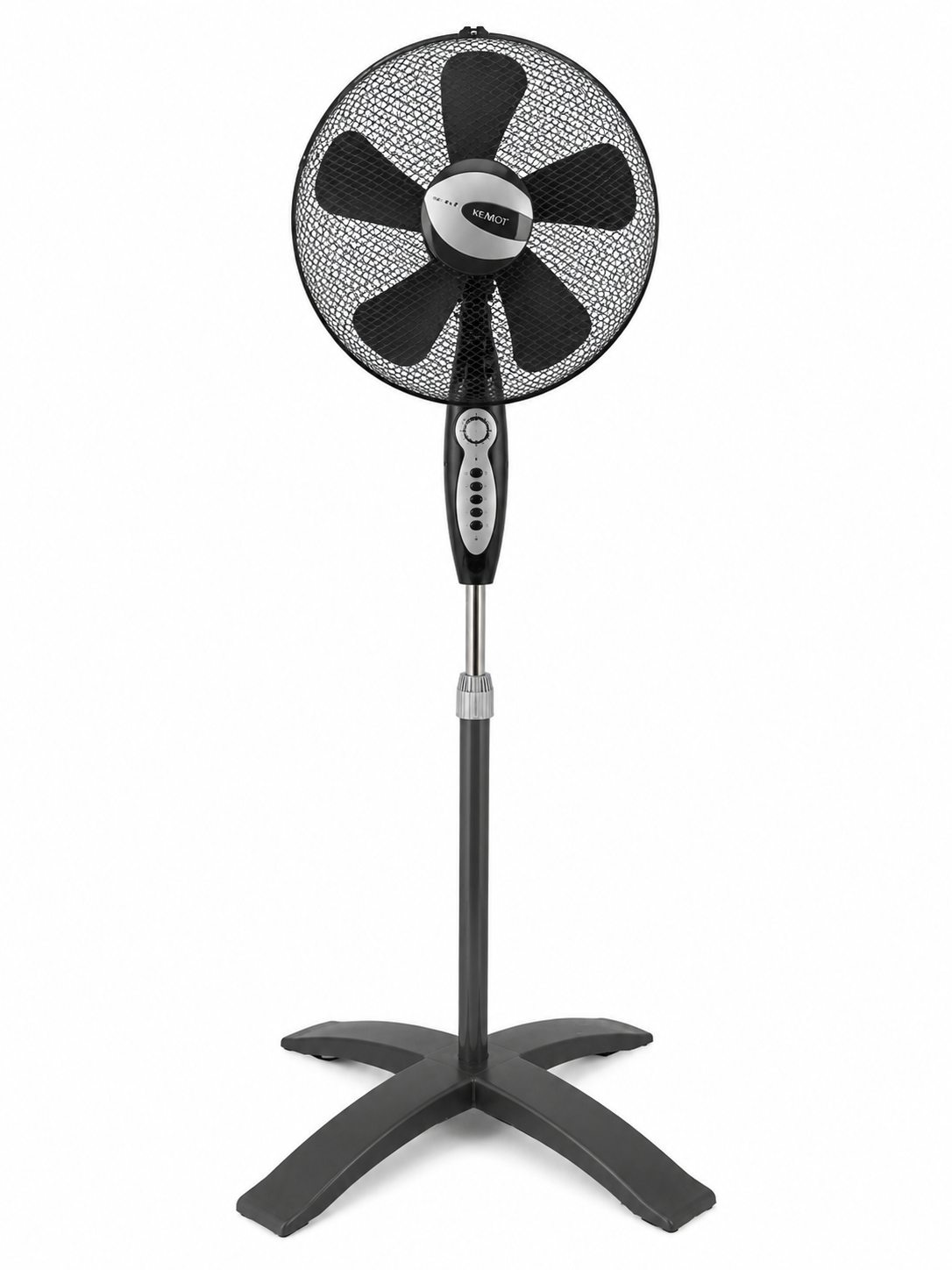 KEMOT 16” álló ventilátor 55W időzítővel KEMOT 16 colos álló ventilátor szürke-fekete kivitelben, stabil talppal és oszcilláló funkcióval fehér háttér előtt.
