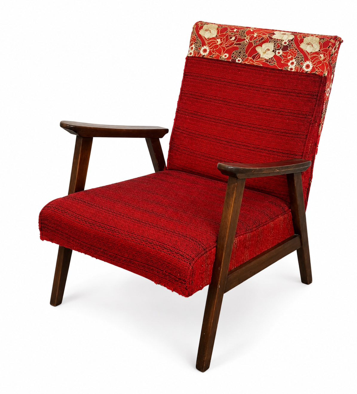 Vintage retro lounge fotel fa vázzal és piros kárpitozással
