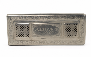 Vintage Alpina Koch-Harmonica szájharmonika eredeti fém burkolattal és díszített mintázattal