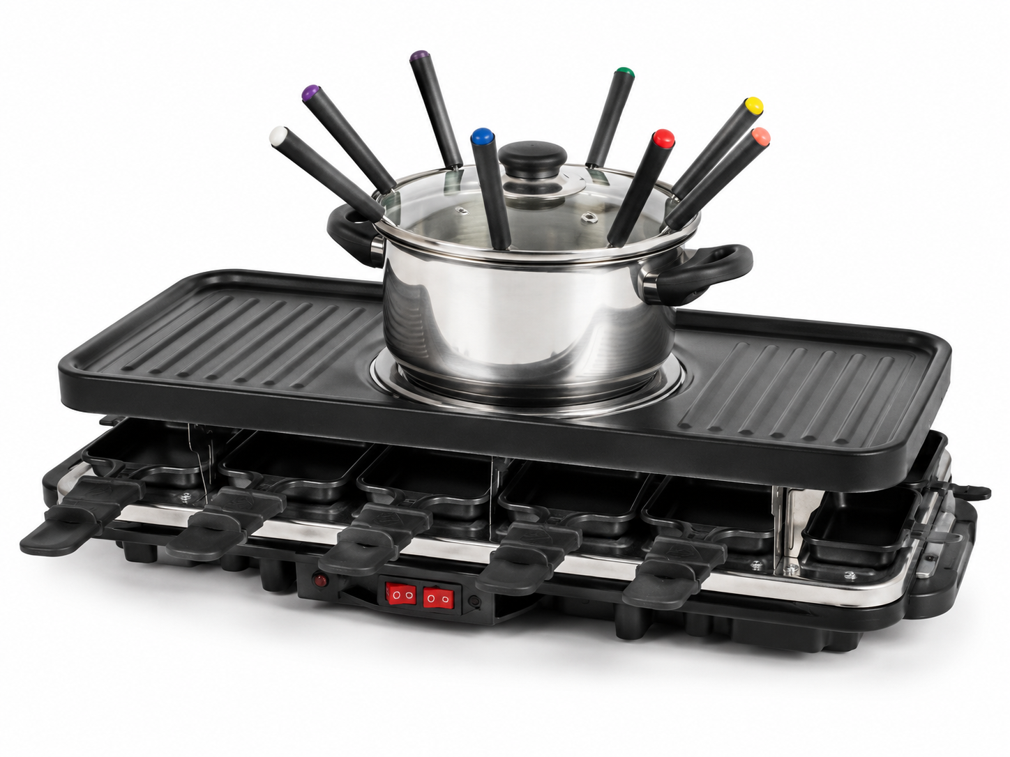 Gourmetmaxx Raclette és Fondü Szett 12 Személyre Gourmetmaxx raclette és fondü készlet 12 személyre, elektromos grillsütő fondü edénnyel