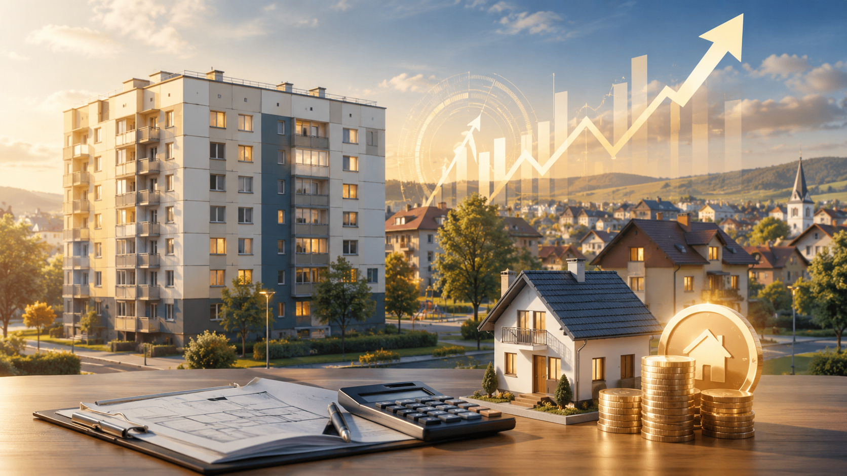 Lakóingatlan értékbecslés egy kelet-európai kisvárosban modern pénzügyi illusztrációval