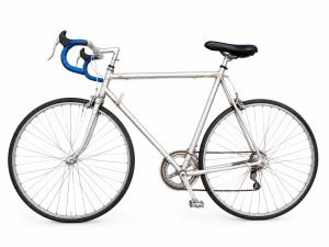 Vintage acélvázas országúti kerékpár Shimano Positron váltórendszerrel, 28 colos kerekekkel, ezüst színben.
