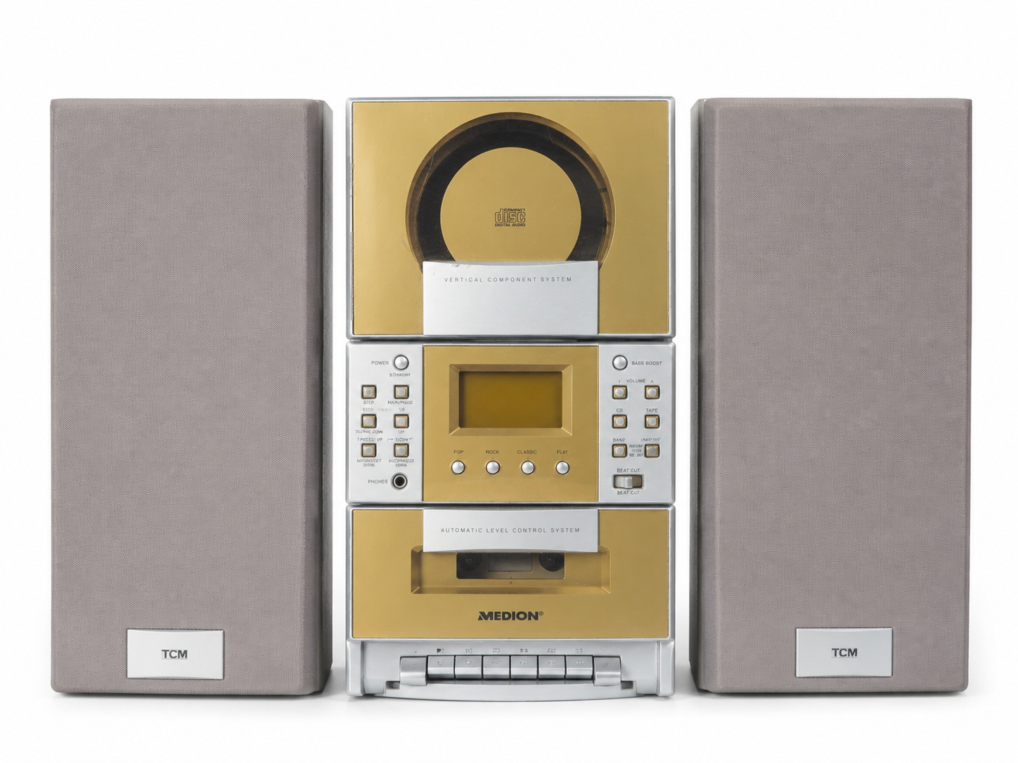 MEDION MD4096 mikro hifi torony két hangfallal fehér háttéren