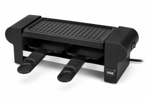 MIA elektromos raclette és barbecue grill levehető grilllappal, 2 raclette serpenyővel, fekete kivitelben.