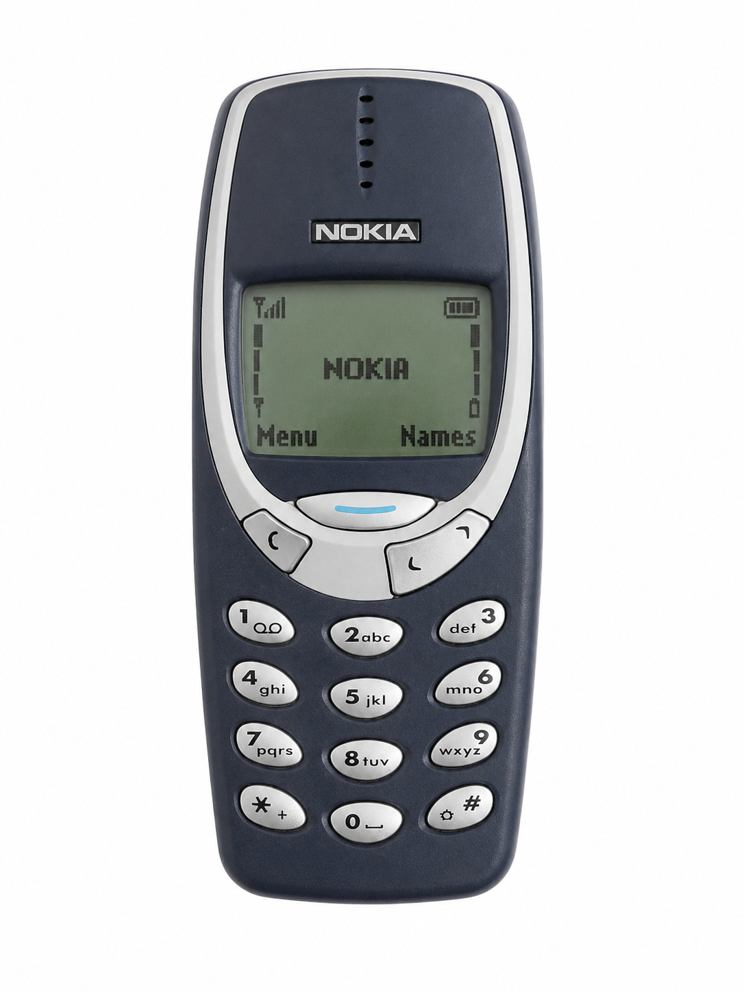Nokia 3310 eredeti retró mobiltelefon Eredeti Nokia 3310 retró mobiltelefon elölnézetből fehér háttéren