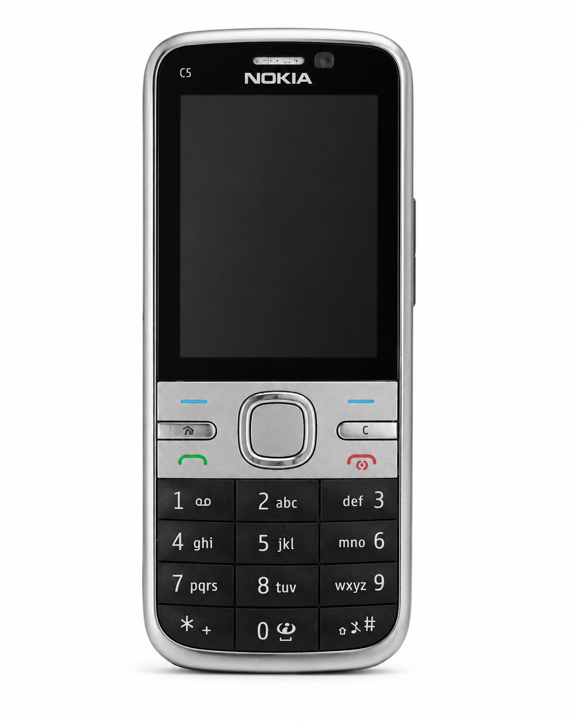 Nokia C5 használt nyomógombos mobiltelefon fekete-ezüst színben, fehér háttéren.