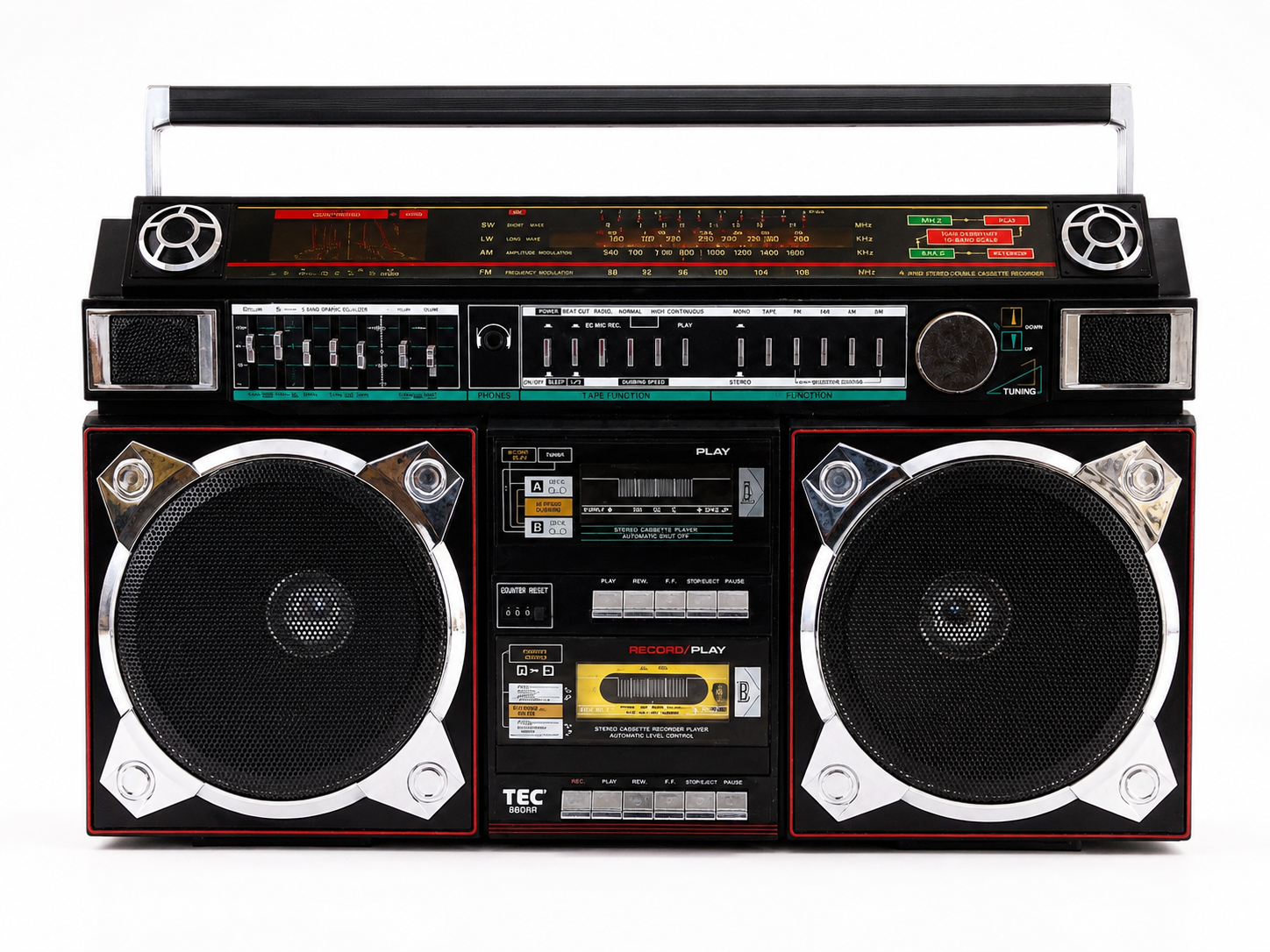 TEC 880 RR vintage Jumbo Boombox dupla kazettás rádiós magnó 4 sávos rádióval és 5 sávos equalizerrel