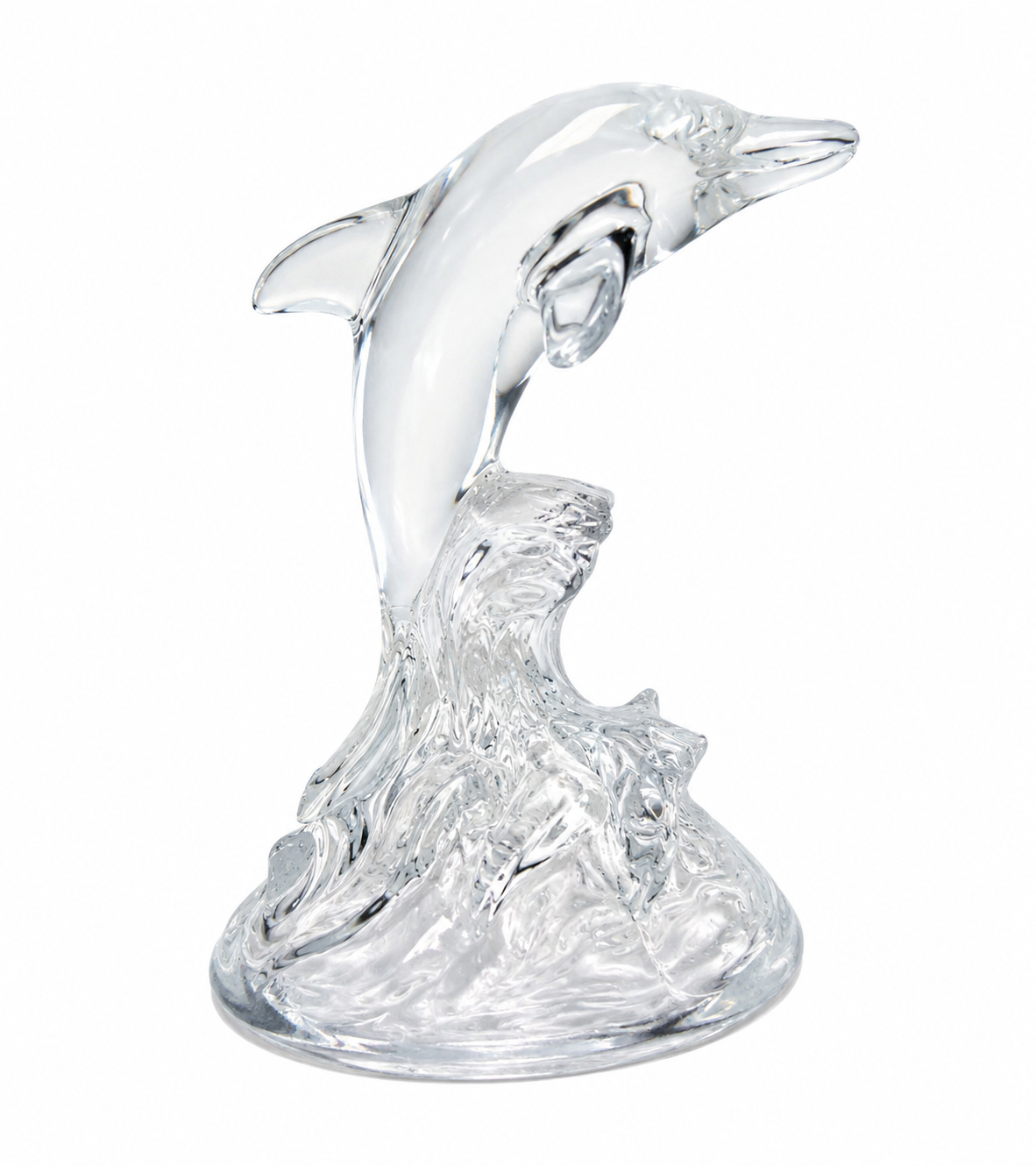 Elegáns áttetsző üveg delfin szobor hullám talapzaton, 17 cm magas dekoráció.