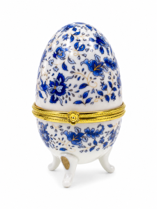 Kék virágmintás vintage porcelán bonbonier aranyszínű díszítéssel