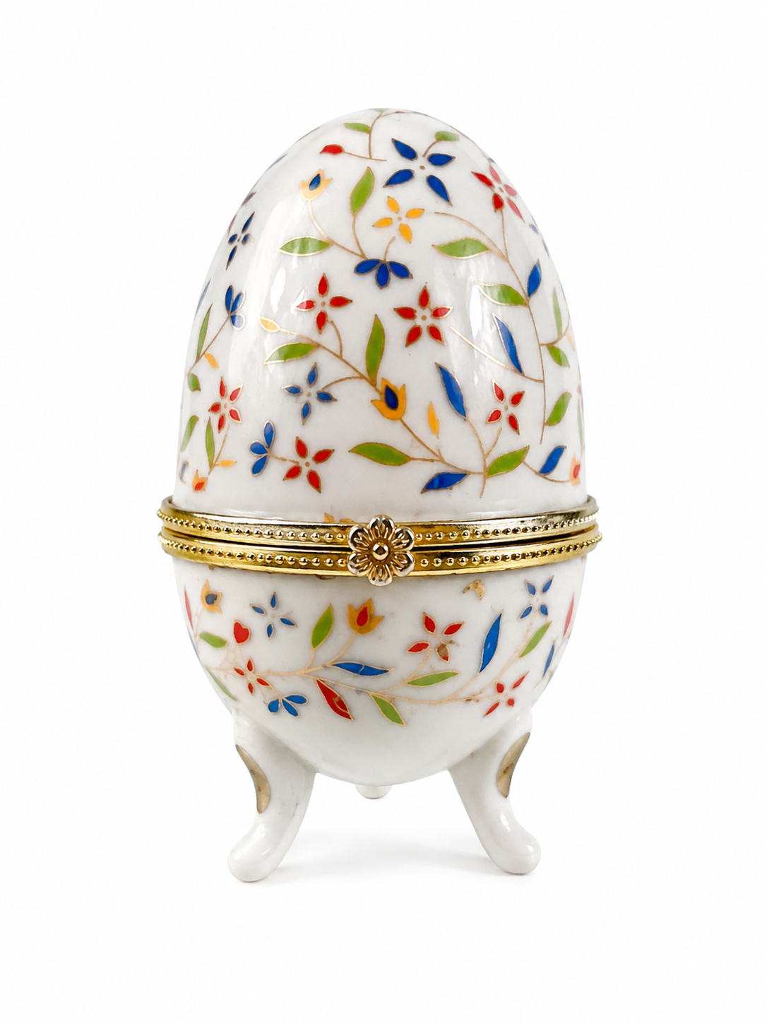 Vintage virágmintás porcelán tojás ékszertartó aranyszínű zárral