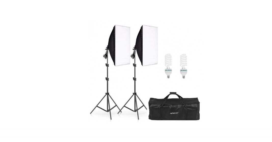 Stúdióvilágítás szett 2 db 50×70 cm softboxszal, 2×150 W izzóval, 200 cm-es állványokkal és hordtáskával