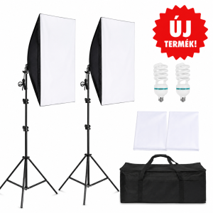 Stúdióvilágítás szett 2 db 50×70 cm softboxszal, 2×150 W izzóval, 200 cm-es állványokkal és hordtáskával
